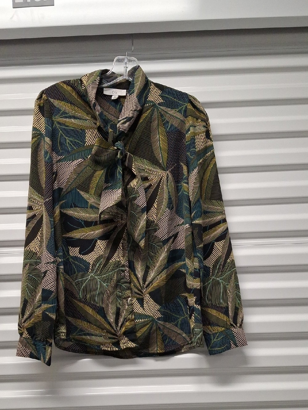 Ovi Olive Green Multi Leaf-Print Tie-Neck Dress Shirt